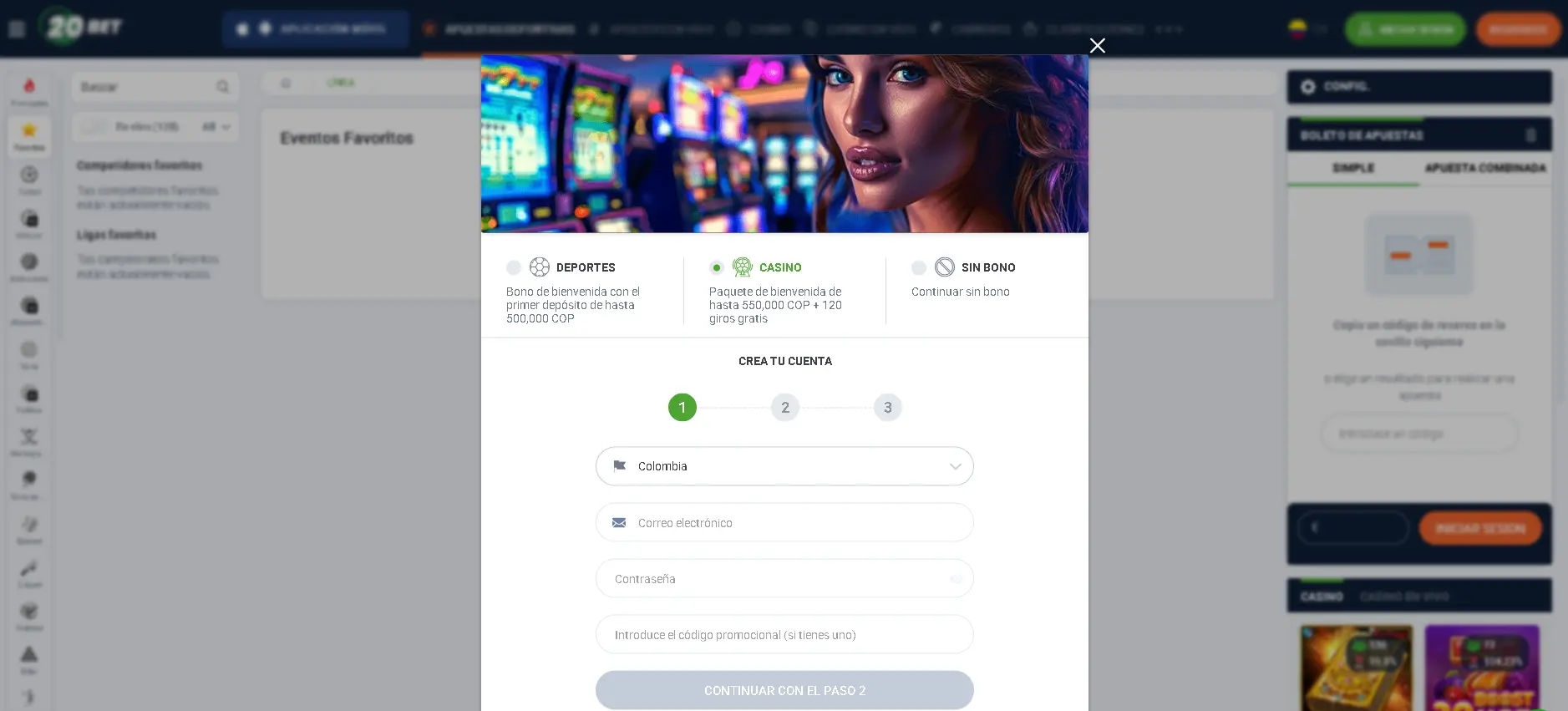 Proceso de registro en 20Bet casino
