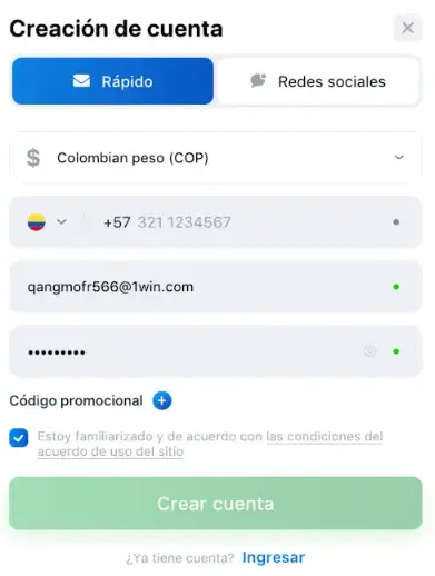 ​Creación cuenta 1win